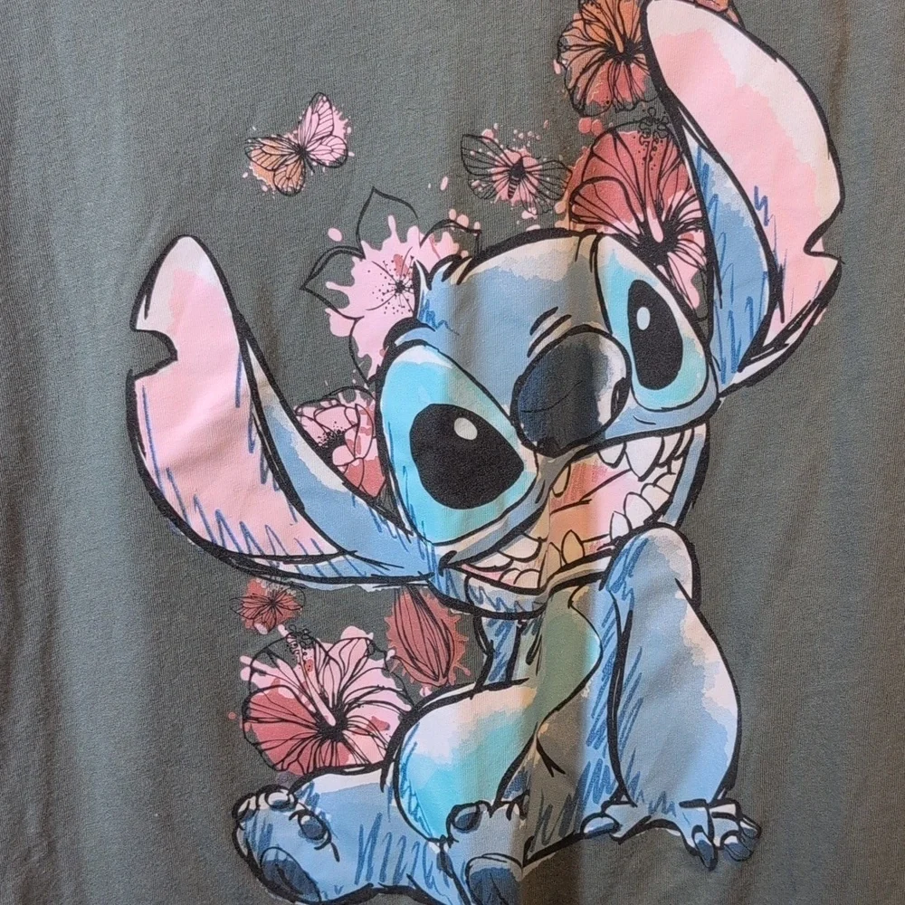 Juniors XL • Disney • Olive Green Graphic Tee with Stitch and Floral Design - Picture 4 of 7